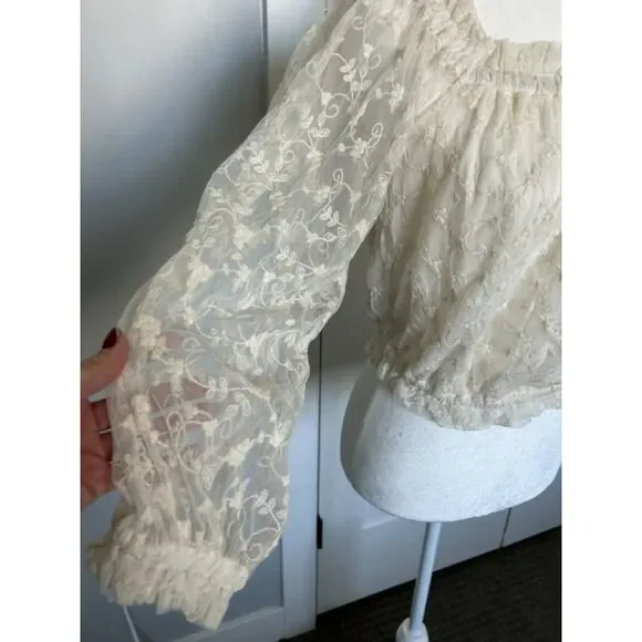 NWT EXPRESS Long Sleeve Lace Gathered Hem Crop Top Women's Size S - Picture 5 of 8
